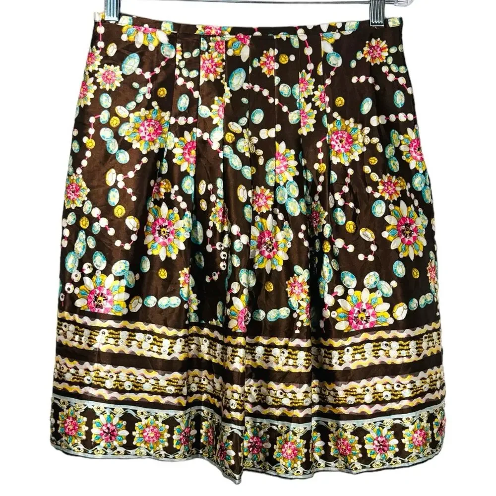 New York City Design Co Brown Gem Print Beaded Sequin Skirt 8 Petite Pleated